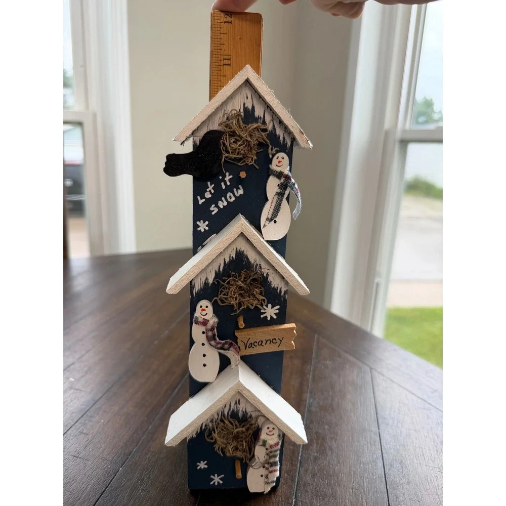 Rustic Wooden Snowman Birdhouse Tower Winter Decor Let It Snow 12 Inch Navy Blue